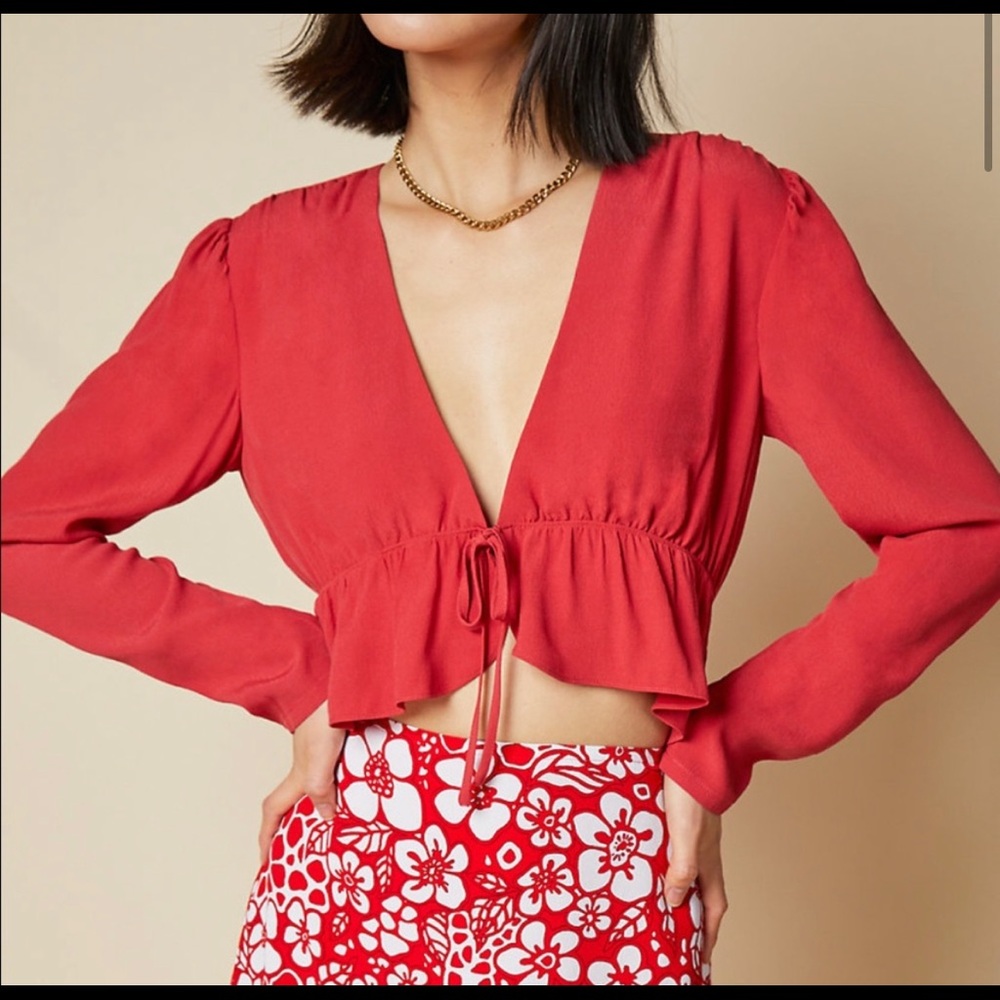 Aritzia Red V‑Neck Tie‑Front Peplum Blouse